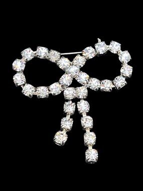 Vintage Art Deco Pot Metal and Rhinestone Bow or Ribbon Brooch